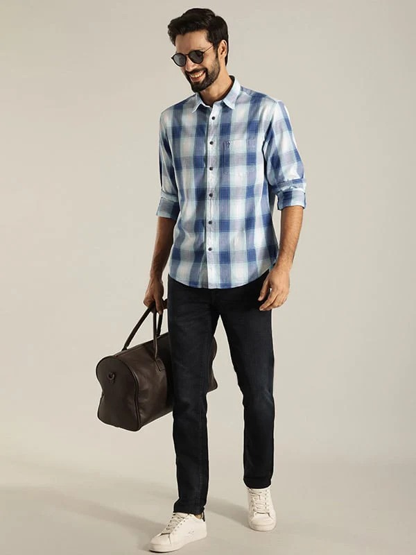 Indian Terrain Men's Slim Fit Full Sleeve Checkered Blue Shirt